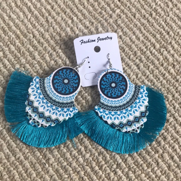 Jewelry - brand new blue/teal wood tassel earrings